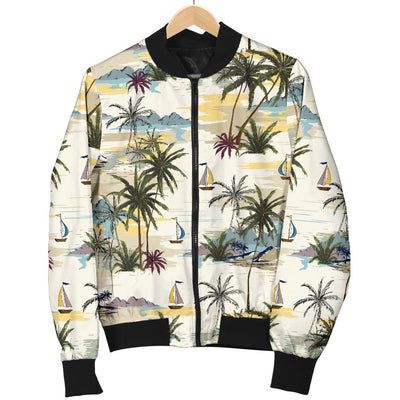 Palm Tree Beach Print Women Casual Bomber Jacket