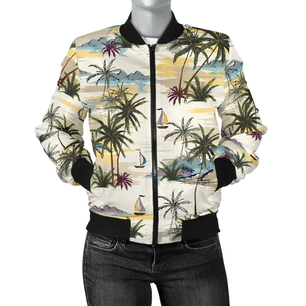 Palm Tree Beach Print Women Casual Bomber Jacket