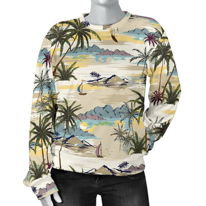 Palm Tree Beach Print Women Crewneck Sweatshirt