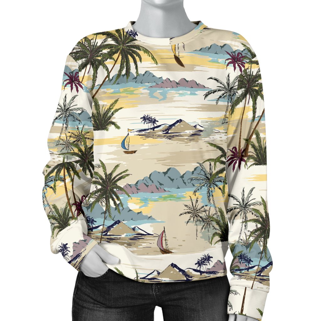 Palm Tree Beach Print Women Crewneck Sweatshirt