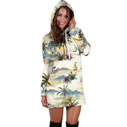 Palm Tree Beach Print Women Hoodie Dress