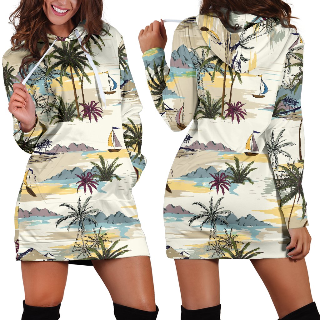 Palm Tree Beach Print Women Hoodie Dress