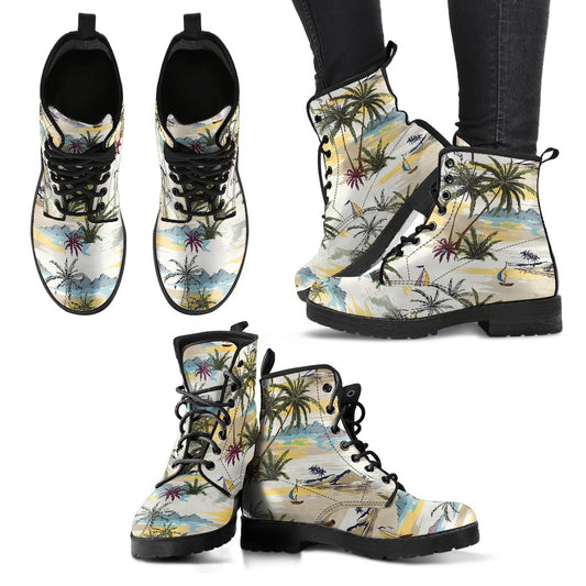 Palm Tree Beach Print Women Leather Boots