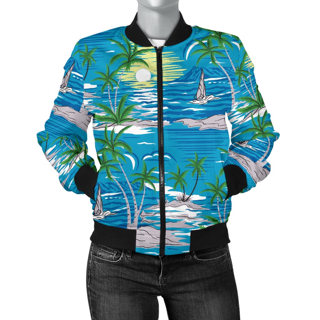 Palm Tree Beach Women Casual Bomber Jacket