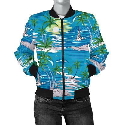 Palm Tree Beach Women Casual Bomber Jacket