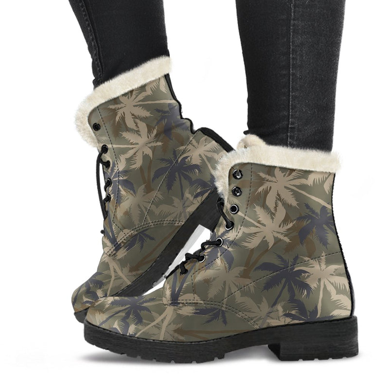 Palm Tree camouflage Faux Fur Leather Boots