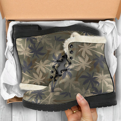 Palm Tree camouflage Faux Fur Leather Boots