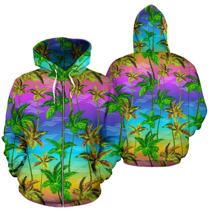 Palm Tree Rainbow Pattern All Over Zip Up Hoodie
