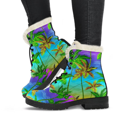 Palm Tree Rainbow Pattern Faux Fur Leather Boots