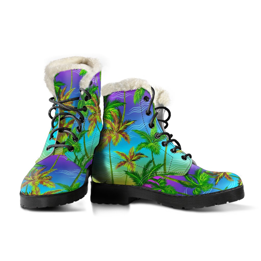 Palm Tree Rainbow Pattern Faux Fur Leather Boots