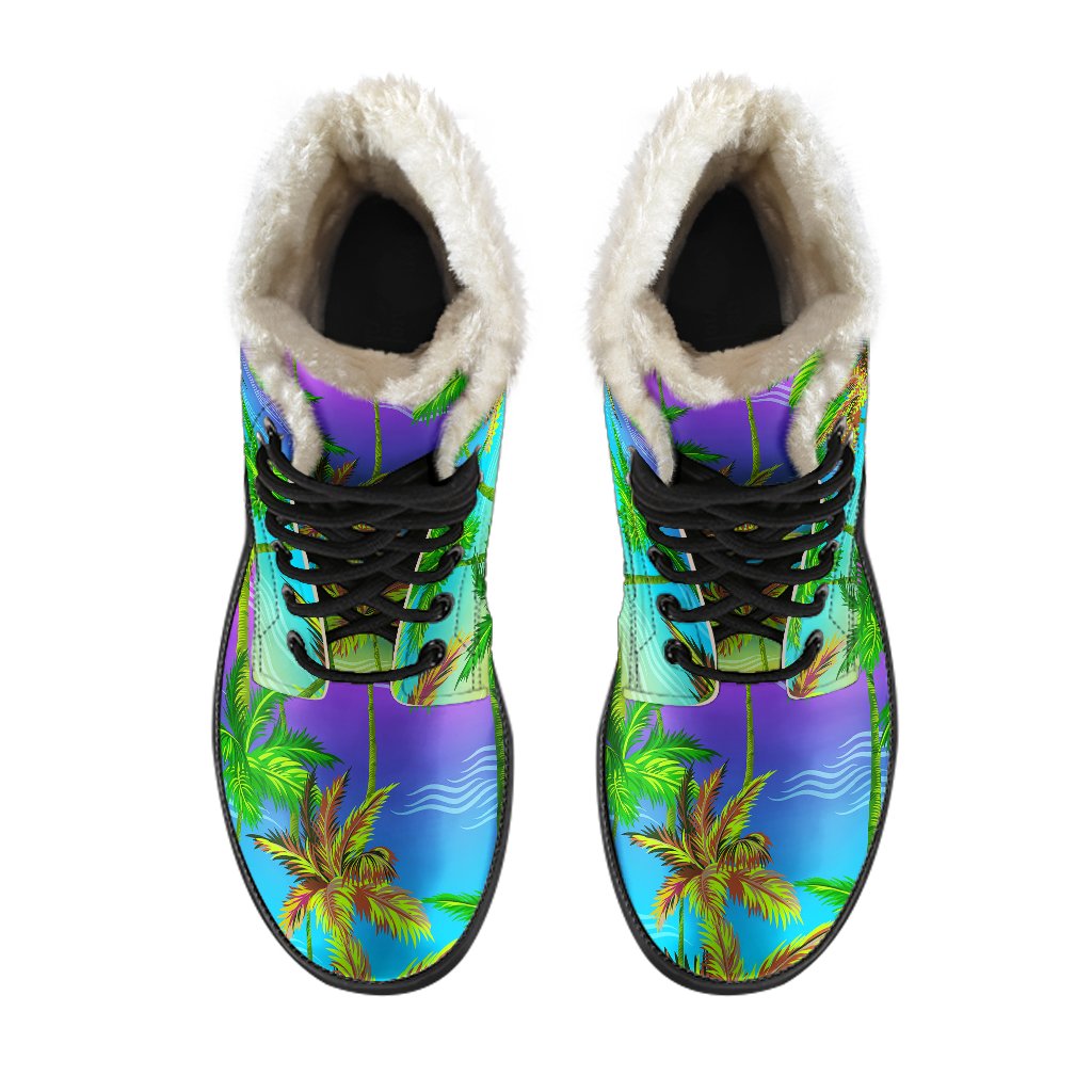 Palm Tree Rainbow Pattern Faux Fur Leather Boots