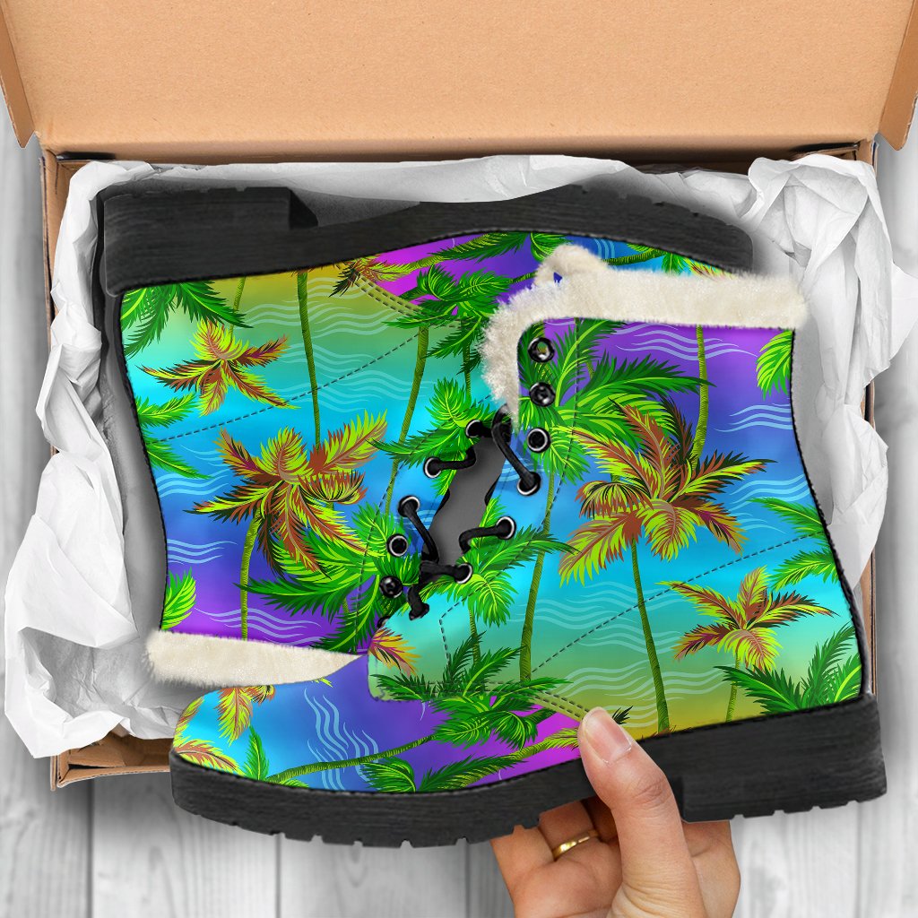Palm Tree Rainbow Pattern Faux Fur Leather Boots