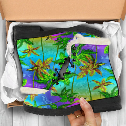 Palm Tree Rainbow Pattern Faux Fur Leather Boots