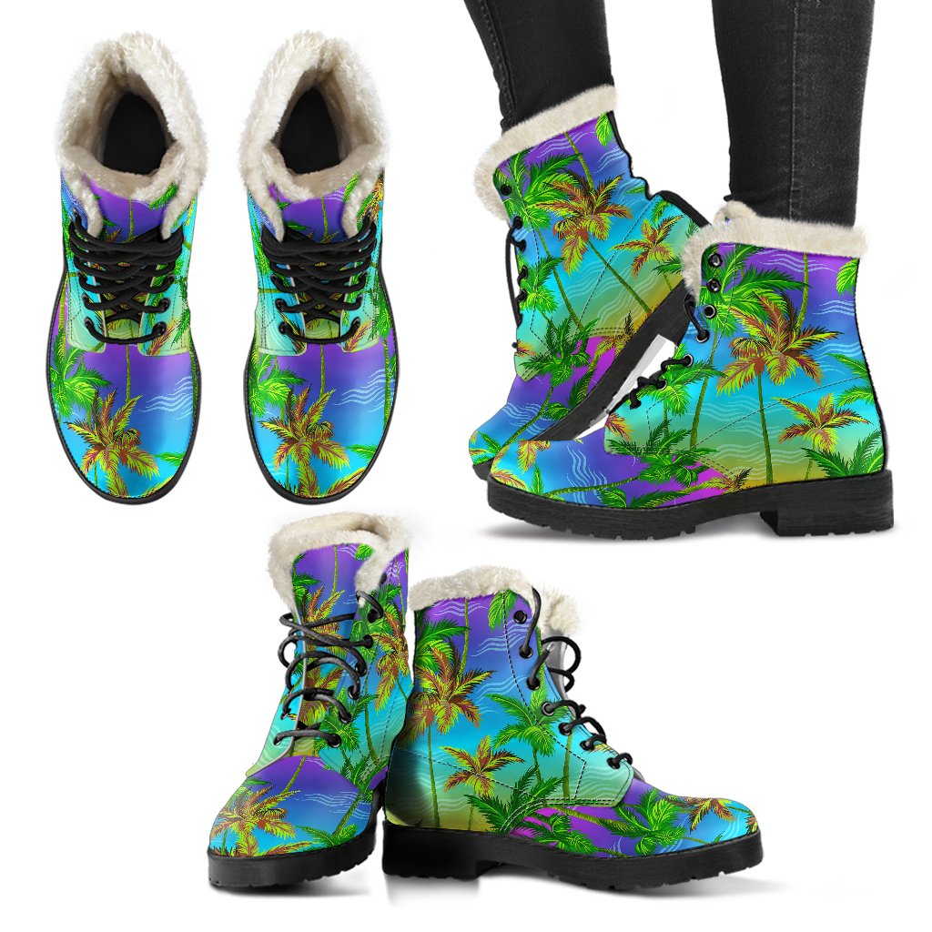 Palm Tree Rainbow Pattern Faux Fur Leather Boots