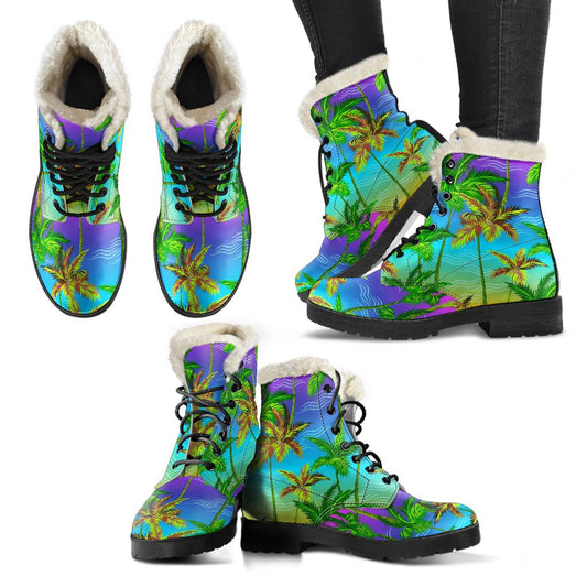 Palm Tree Rainbow Pattern Faux Fur Leather Boots
