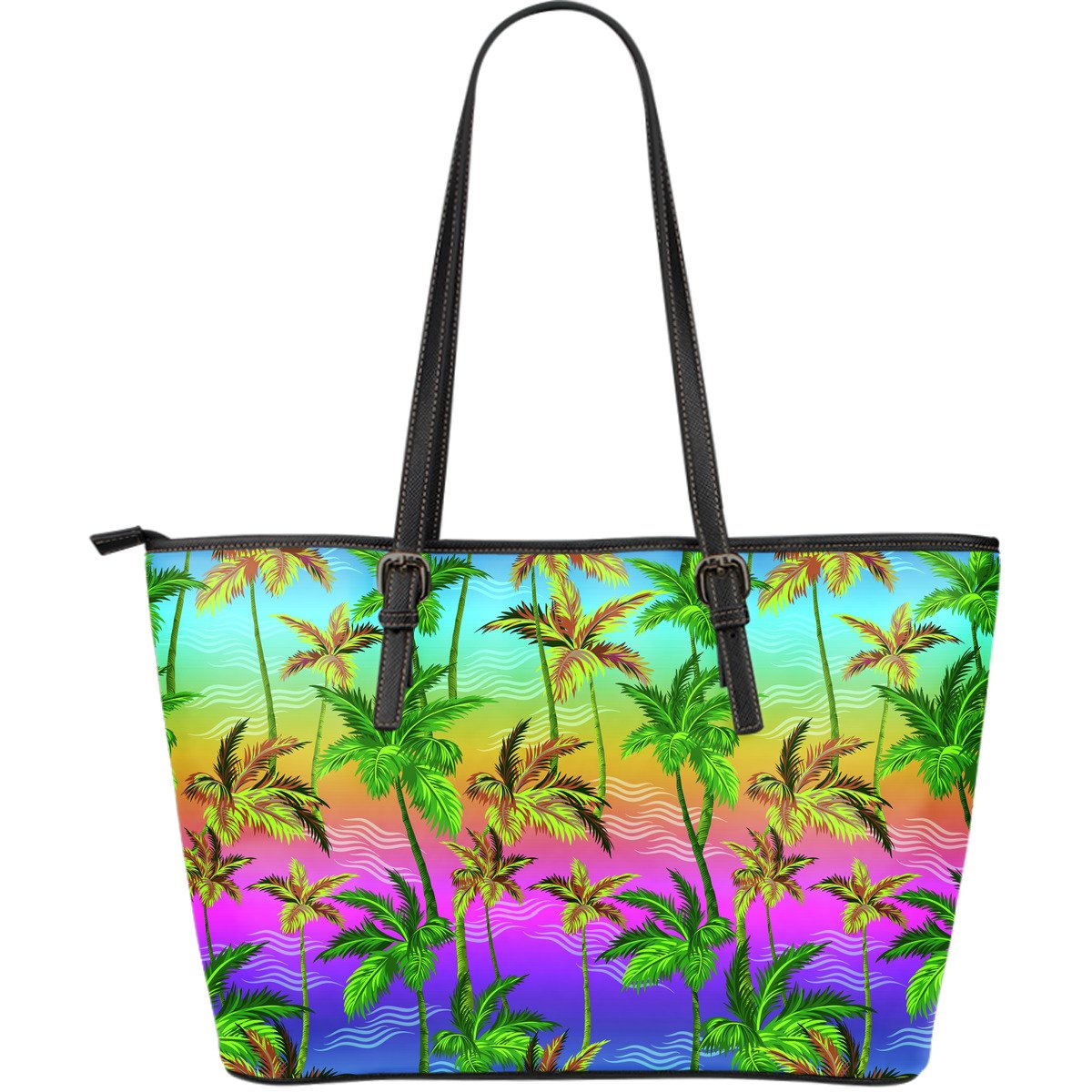 Palm Tree Rainbow Pattern Large Leather Tote Bag