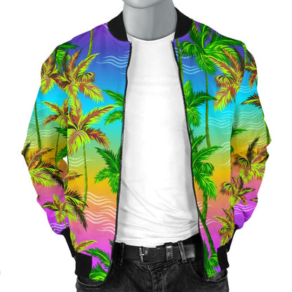 Palm Tree Rainbow Pattern Men Casual Bomber Jacket