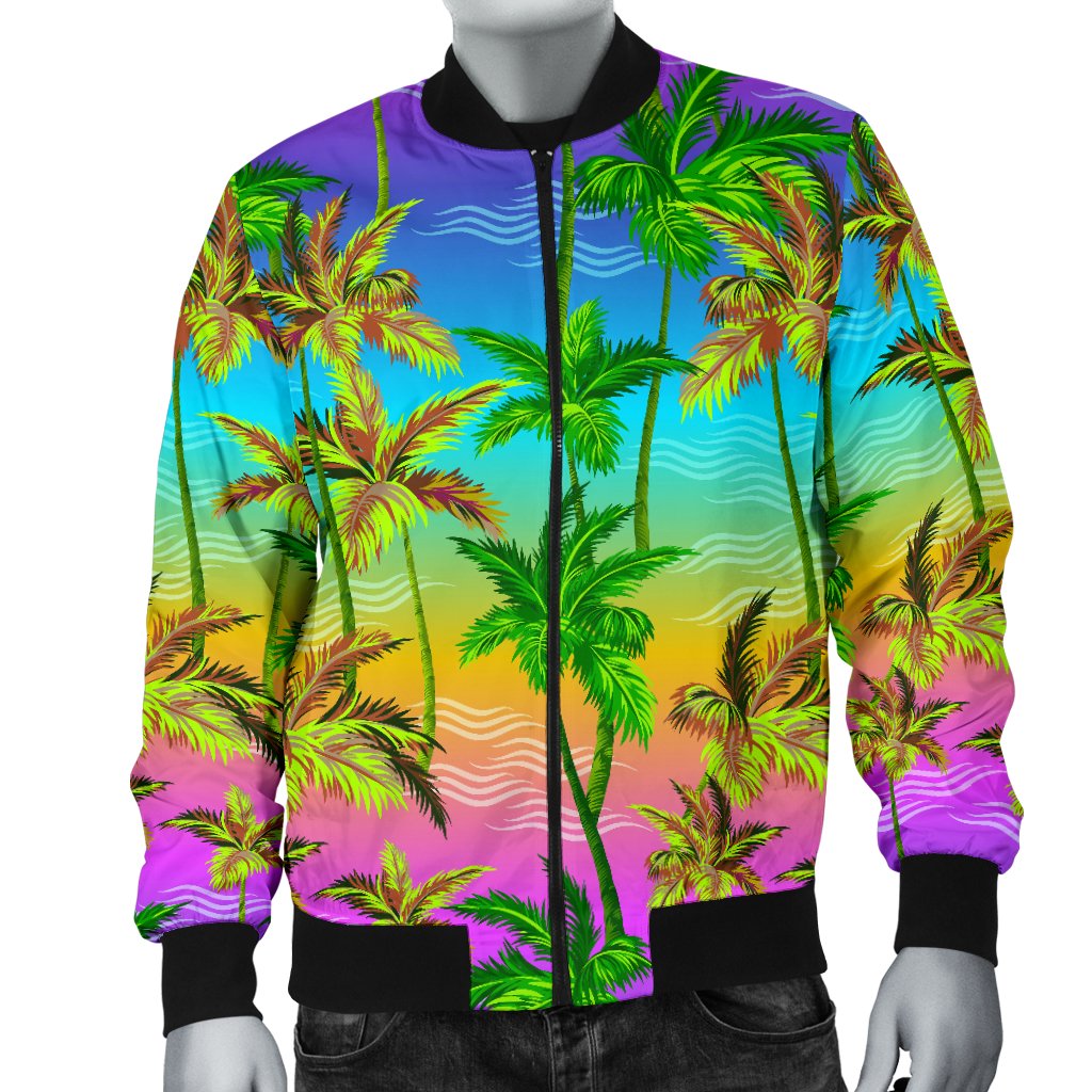 Palm Tree Rainbow Pattern Men Casual Bomber Jacket