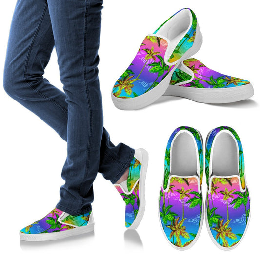 Palm Tree Rainbow Pattern Men Slip On Shoes