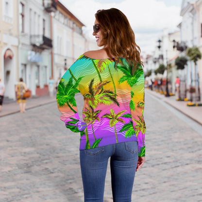 Palm Tree Rainbow Pattern Off Shoulder Sweatshirt