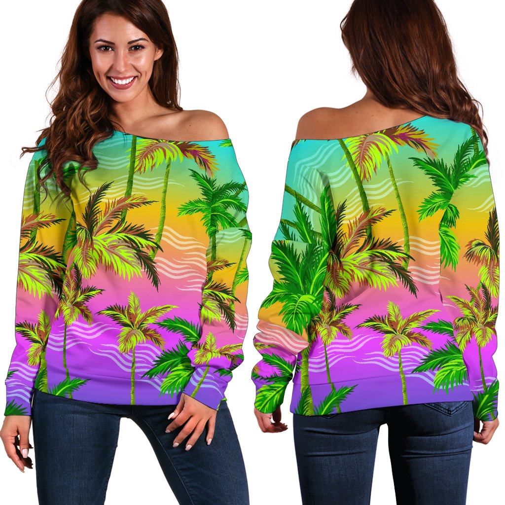 Palm Tree Rainbow Pattern Off Shoulder Sweatshirt