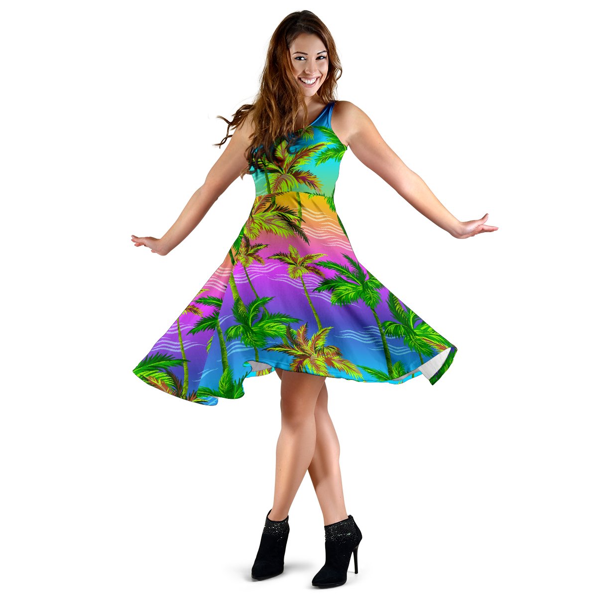 Palm Tree Rainbow Pattern Sleeveless Mini Dress