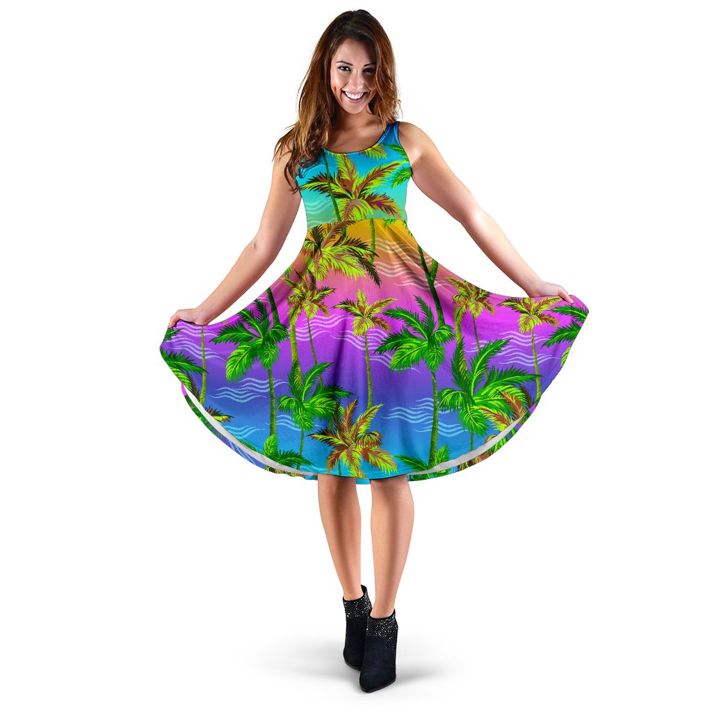 Palm Tree Rainbow Pattern Sleeveless Mini Dress