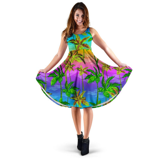 Palm Tree Rainbow Pattern Sleeveless Mini Dress