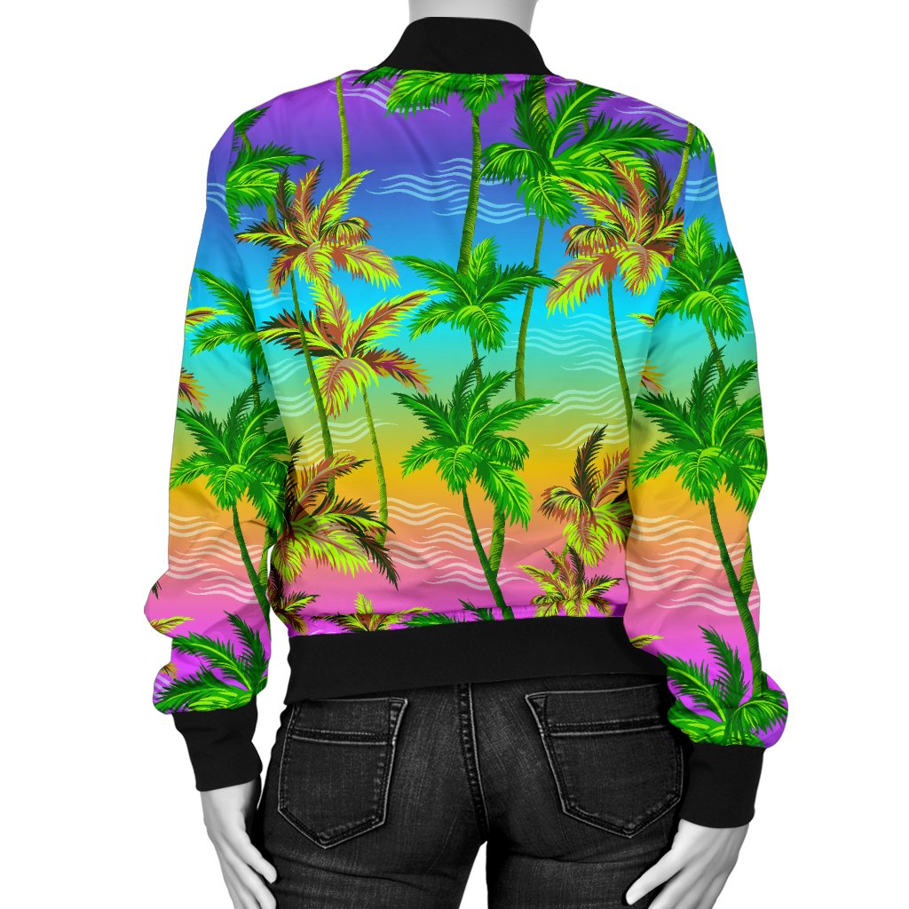 Palm Tree Rainbow Pattern Women Casual Bomber Jacket
