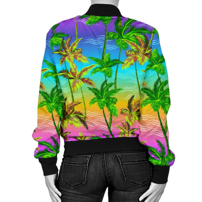 Palm Tree Rainbow Pattern Women Casual Bomber Jacket