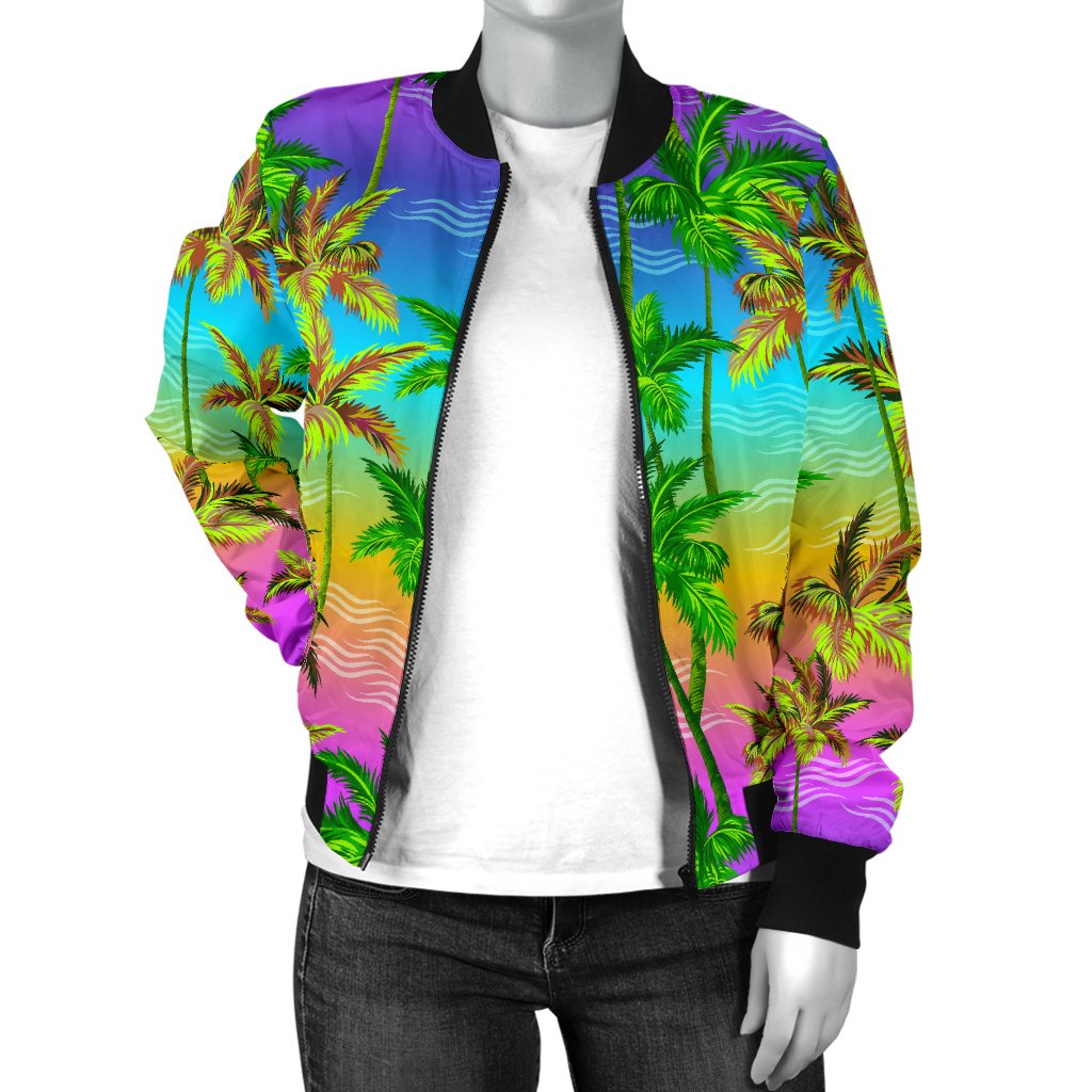 Palm Tree Rainbow Pattern Women Casual Bomber Jacket