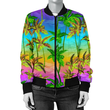 Palm Tree Rainbow Pattern Women Casual Bomber Jacket