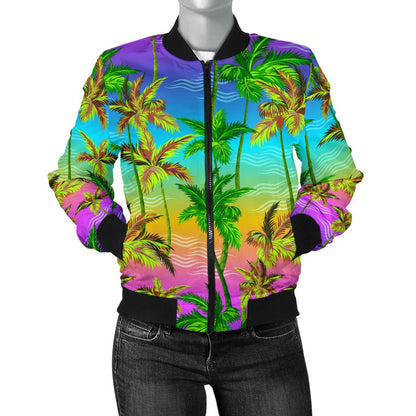 Palm Tree Rainbow Pattern Women Casual Bomber Jacket