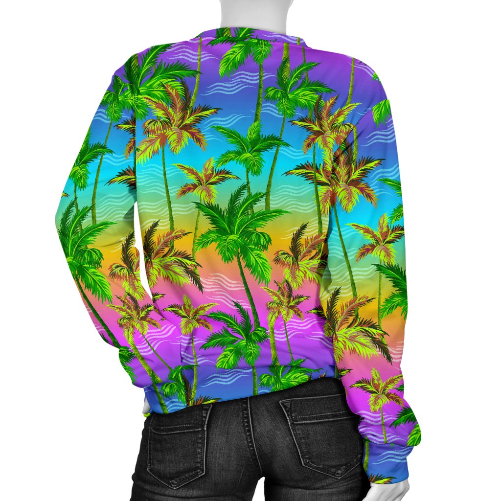 Palm Tree Rainbow Pattern Women Crewneck Sweatshirt