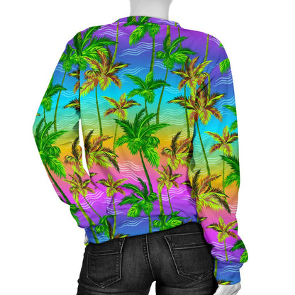 Palm Tree Rainbow Pattern Women Crewneck Sweatshirt