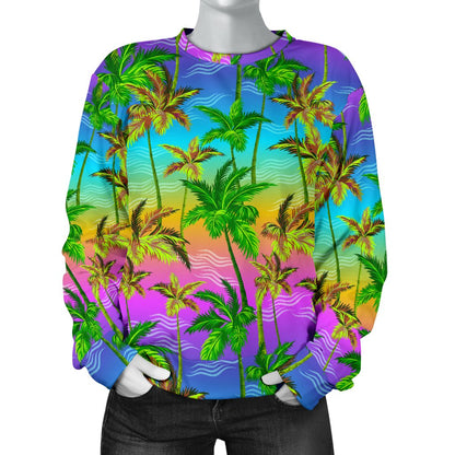 Palm Tree Rainbow Pattern Women Crewneck Sweatshirt