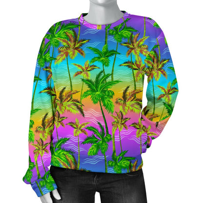 Palm Tree Rainbow Pattern Women Crewneck Sweatshirt