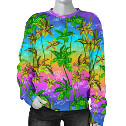 Palm Tree Rainbow Pattern Women Crewneck Sweatshirt