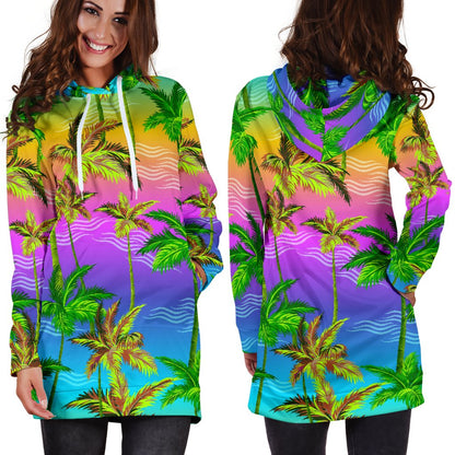 Palm Tree Rainbow Pattern Women Hoodie Dress
