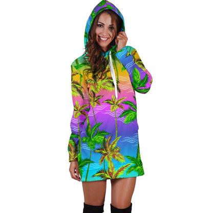 Palm Tree Rainbow Pattern Women Hoodie Dress
