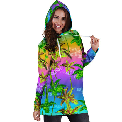 Palm Tree Rainbow Pattern Women Hoodie Dress