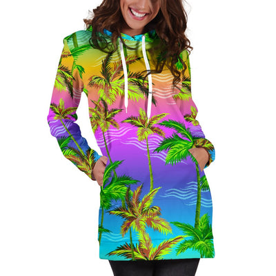Palm Tree Rainbow Pattern Women Hoodie Dress