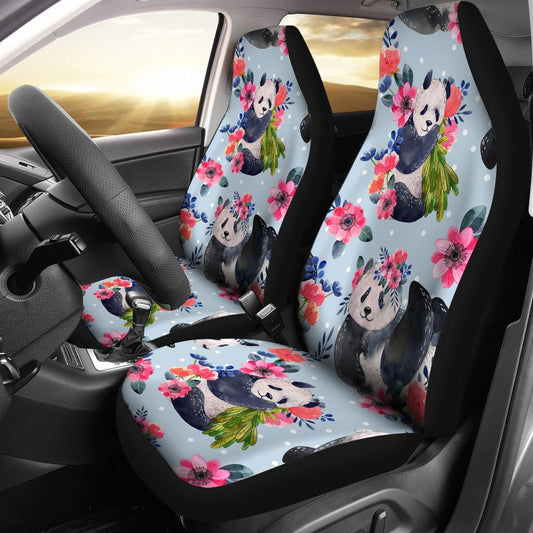 Panda Bear Flower Design Themed Print Universal Fit Car Seat Covers-JorJune