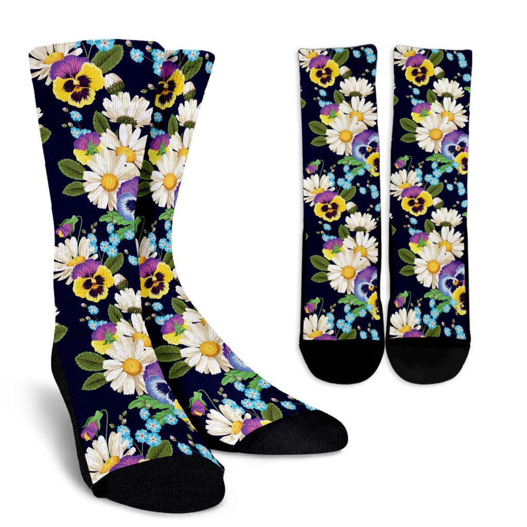 Pansy Pattern Print Design PS03 Crew Socks-JORJUNE.COM