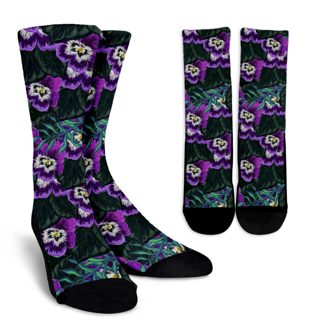 Pansy Pattern Print Design PS07 Crew Socks-JORJUNE.COM