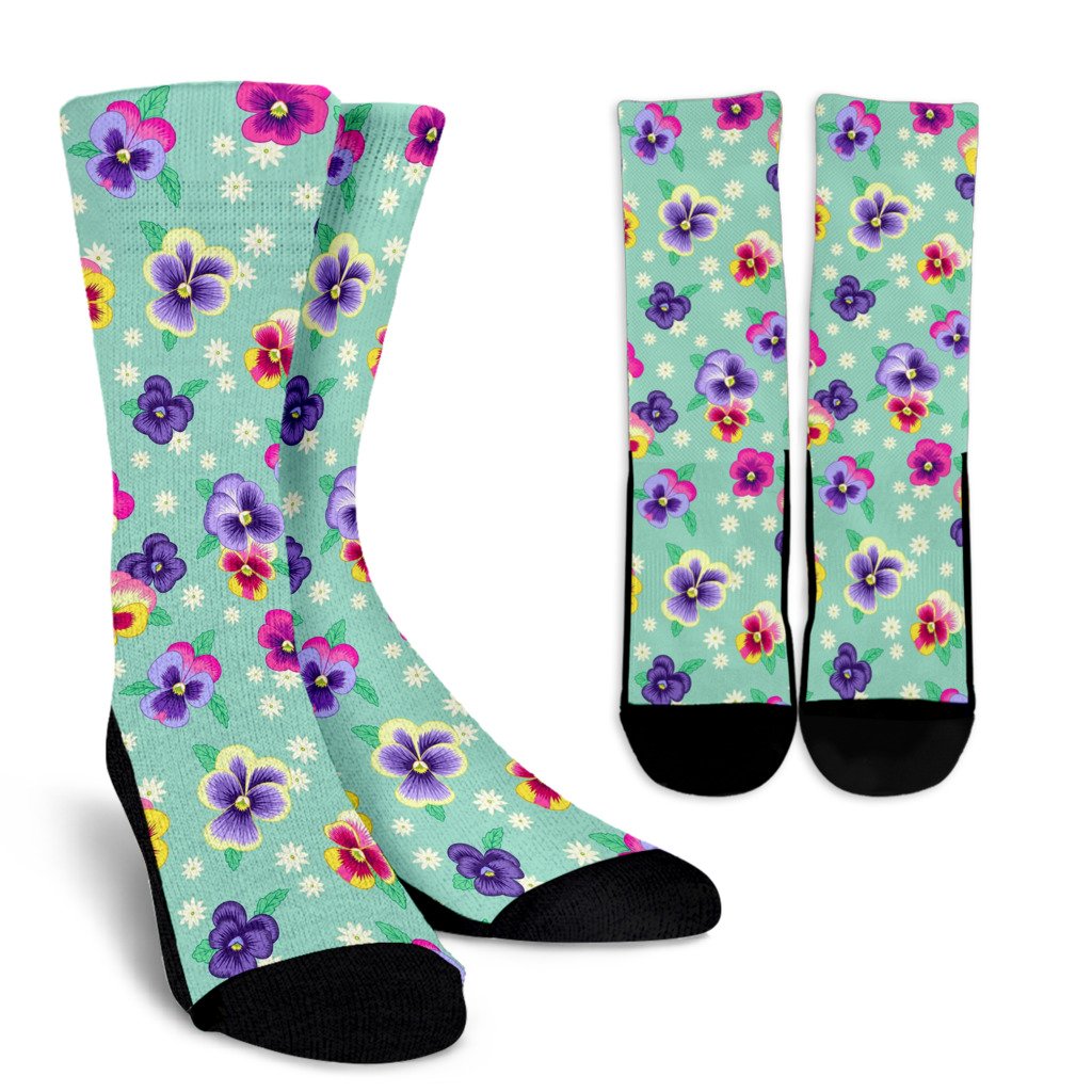 Pansy Pattern Print Design PS08 Crew Socks-JORJUNE.COM