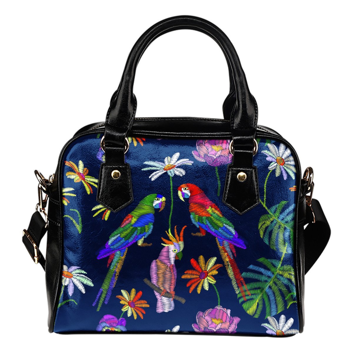 Parrots printed embroidered Leather Shoulder Handbag