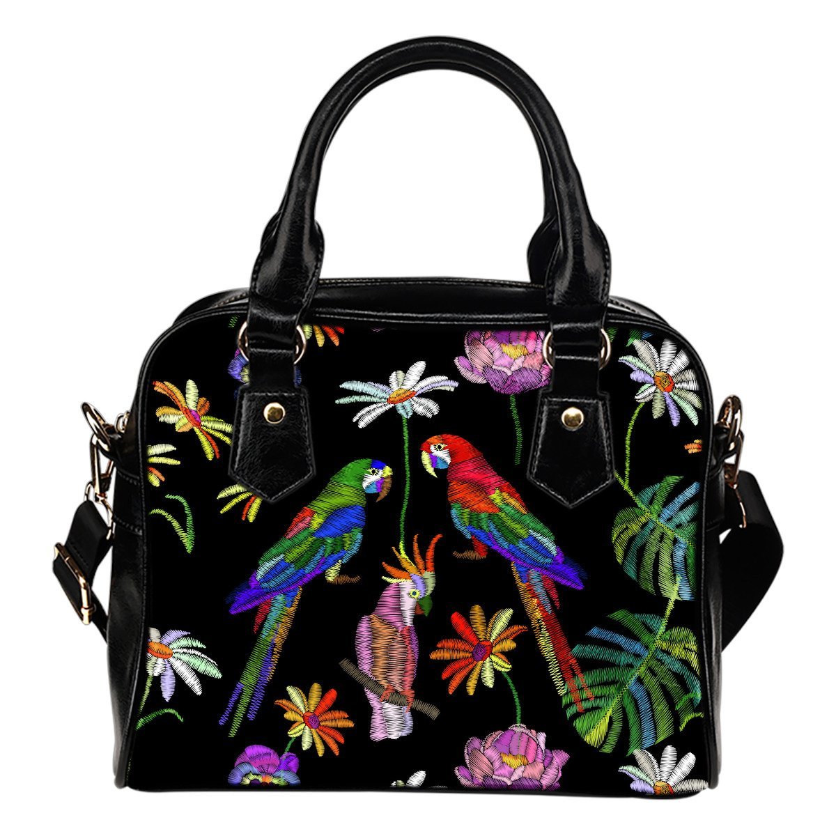 Parrots printed embroidered Leather Shoulder Handbag