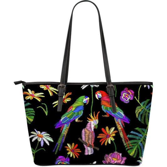 Parrots printed embroidered Style Large Leather Tote Bag
