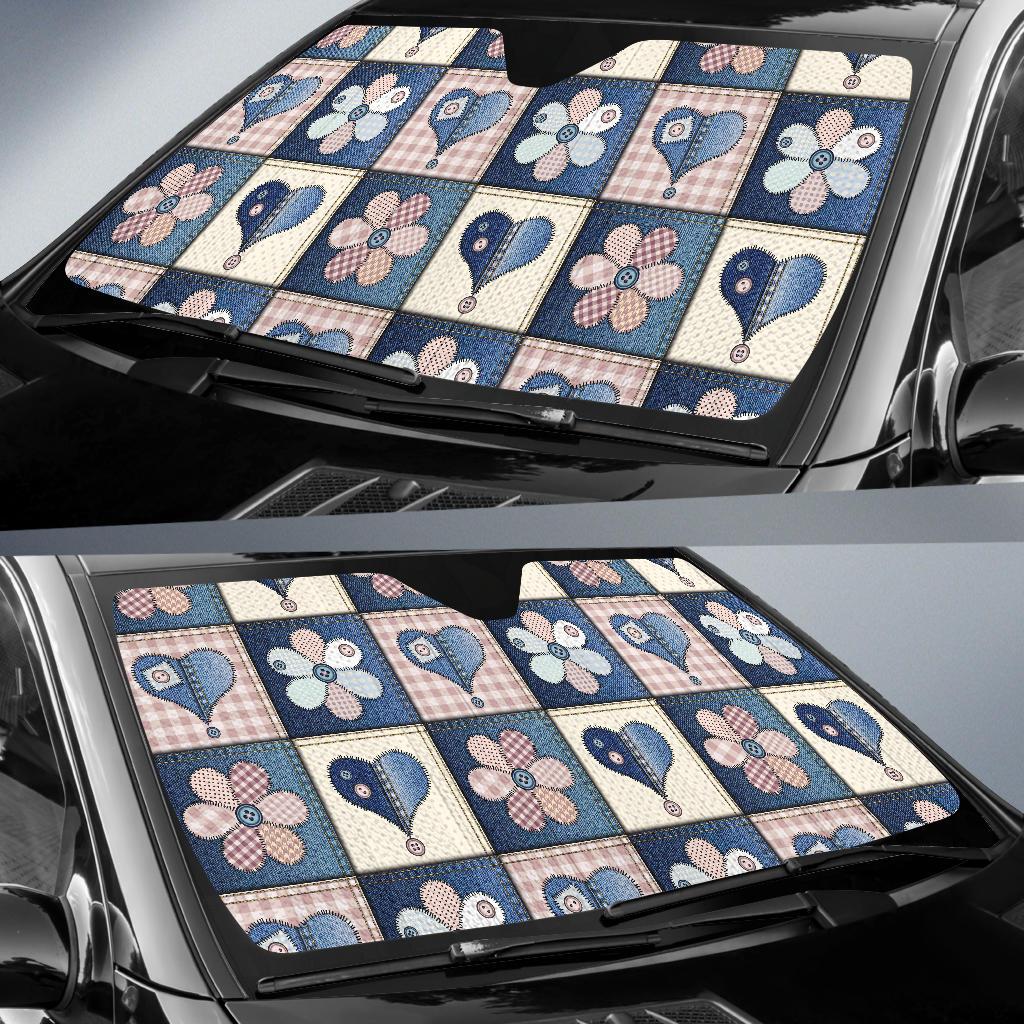 Patchwork Heart Flower Pattern Print Design 01 Car Sun Shades-JORJUNE.COM